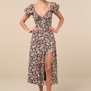 Lulus Meadow Muse Black Floral Tie-back Puff Sleeve Midi Dress - Size M